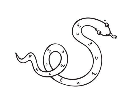 Hand drawn cute outline simple snake children coloring book. Kind doodle snake smile isolated on white background.