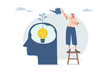 Growth concept, Businesswoman watering light bulb in businessman's head, The concept of idea growth, Development of skills or attitudes, Growth Inspiration, Flat vector design illustration.