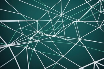 Obraz premium Complex interplay thin lines backdrop. Endless abstract white lines and geometric shapes connected on a blue green background. Seamless geometric pattern for backdrop texture. tech. room concept