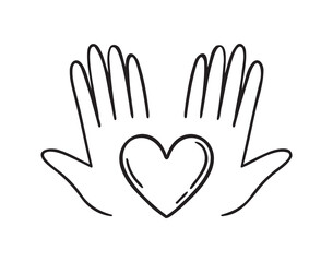 heart in palms of hands doodle hand drawn icon. Love Relationship concept outline drawing hands and heart line clipart symbol