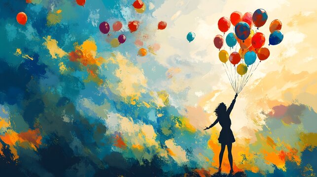 A person letting go of balloons into the sky as they float away towards a bright future full of potential