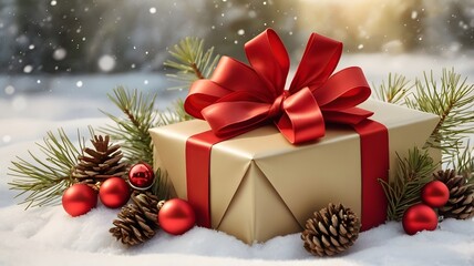 Obraz premium Gold gift box with red ribbon sits in snow near pine branches and ornaments. Perfect for holiday or Christmasthemed designs.