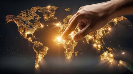 Hand reaching to interact with a radiant digital world map displaying global connections