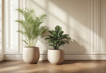 Beige modern interior with large plants in beige pots on a parquet floor, white walls, and wooden furniture.