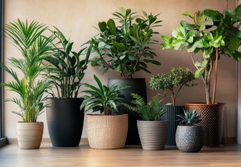 Fototapeta premium Beige modern interior with large plants in beige pots on a parquet floor, white walls, and wooden furniture.