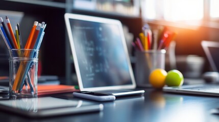 Modern Workspace with Digital Devices, Colorful Stationery, and Organized Office Supplies Highlighting Productivity and Creativity in a Contemporary Environment
