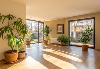 Fototapeta premium Beige modern interior with large plants in beige pots on a parquet floor, white walls, and wooden furniture.