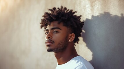 Obraz premium Young man afro-professional with a chic hairstyle, sharp yet casual clothes, and gentle natural light