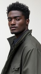 Obraz premium Young man afro-professional with a chic hairstyle, sharp yet casual clothes, and gentle natural light