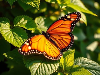 Vibrant Monarch Butterfly Close-up on Lush Green Foliage