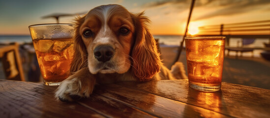 Charming Dog Relaxing at Sunset with Two Glasses on Table