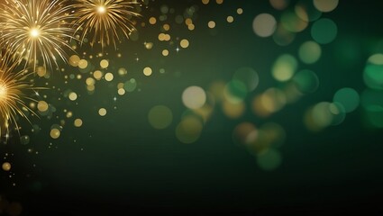 Golden fireworks and bokeh on a lime green background.