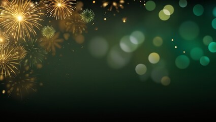 Fototapeta premium Golden fireworks and bokeh on a lime green background.