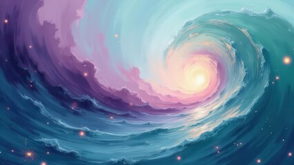 Fototapeta premium Swirling glitter effects.Flat celadon and violet abstract whirlpool with luminous spark trails, forming a tranquil yet dynamic vista, rendered without digital noise for maximum precision.