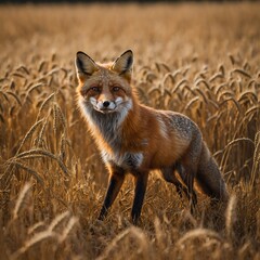 Obraz premium A red fox darting through a golden wheat field.