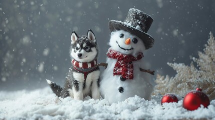 siberian husky and snowman on snow background
