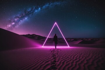 Modern futuristic neon abstract background. Large triangle glowing purple object in the center of sand dune and lonely woman silhouette walking in the desert. Dark scene with neon light star gate