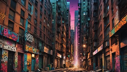 Obraz premium Vibrant urban alley filled with colorful graffiti and a glowing horizon in the heart of a bustling city at dusk. Generative AI