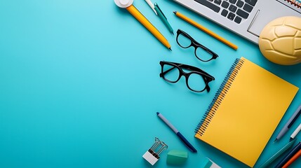 Flatlay Blue Desk Workspace Notebook Pens Glasses Laptop Yellow Notepad
