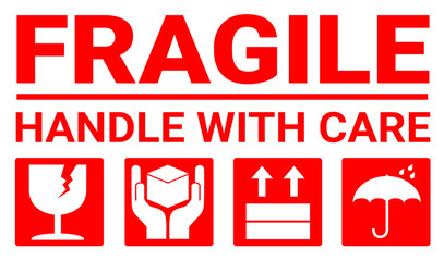 sticker fragile handle with care, red fragile warning label with broken glass symbol, this side up sign, keep dry and avoid liquid sign. warning sign.