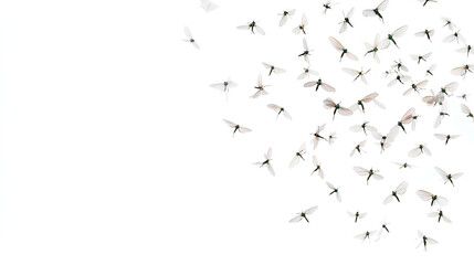 Flying mosquitoes on white background