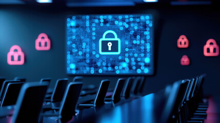 Fototapeta premium A modern conference room with security digital locks on display, emphasizing cybersecurity and data protection, Security Awareness Training Classroom with a shield on a screen