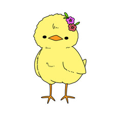 A cartoon chicken with a flower on its head