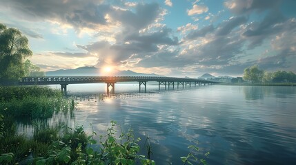 Fototapeta premium Serene riverside scene a stone bridge calm water and trees lining the banks with writing space and open area.