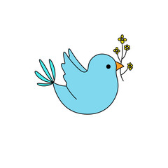 A blue bird with yellow flowers in its beak