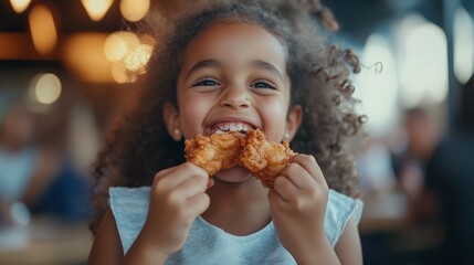Girl joyfully eating fried chicken indoors