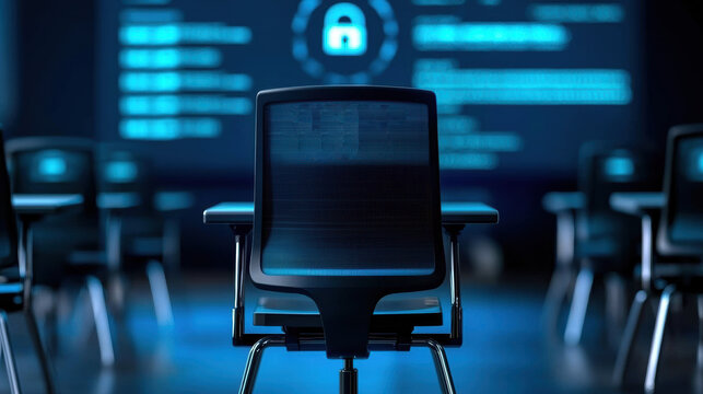 A modern office setting featuring a black chair in front of a digital security screen, emphasizing data protection, Security Awareness Training Classroom with a shield on a screen
