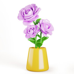 3d flower bouquet in yellow vase. Pink rose or peony, cute house plant in pot for home interior decor or gift. Floral bunch with green leaf and blossom, isolated cartoon render icon. 3D illustration