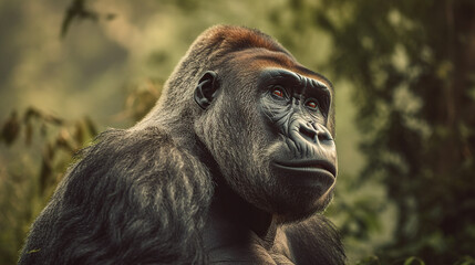 Obraz premium Thoughtful Gorilla Portrait in Natural Habitat Surrounded by Foliage