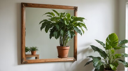 A mirror with a potted plant in front of it.
