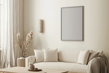 Fototapeta premium Room with off-white walls, grey frame mockup, ivory sofa, ash wood coffee table, high angle.