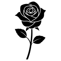 Beautiful rose flower with leaves black and white. Rose flower Silhouette, Flower Elements illustration