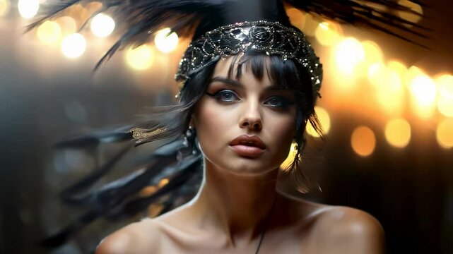 Elegance of the jazz age: a woman embracing the flapper style, adorned with short attire, pearls, and intricate accessories, showcasing the daring spirit of 1920s fashion and cultural rebellion.