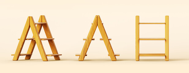 3d wooden stepladder front, side angle view. Wood step ladder for construction work, home, garden or library, decorative shelf or rack, stand for indoor flowers, realistic render set. 3D illustration