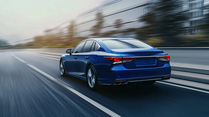 Blue car driving on the highway, motion blur, rear view. luxury sports sedan concept model
