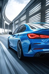 Fototapeta premium Blue car driving on the highway, motion blur, rear view. luxury sports sedan concept model