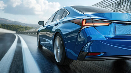 Blue car driving on the highway, motion blur, rear view. luxury sports sedan concept model