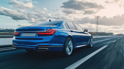 Blue car driving on the highway, motion blur, rear view. luxury sports sedan concept model