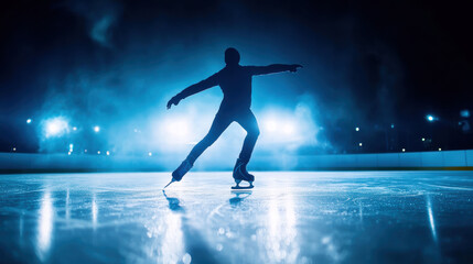 Obraz premium A solitary figure gracefully spins on the ice, surrounded by a misty, illuminated rink, capturing the magic of night skating.