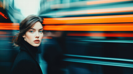 A blurred rush of motion surrounds a poised figure in crisp focus, capturing the dynamic energy of a busy city life.
