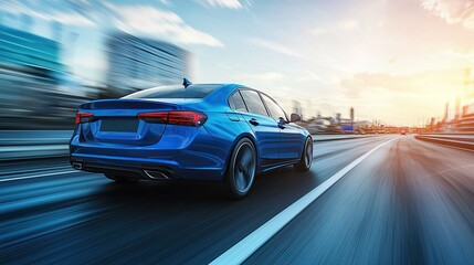 Blue car driving on the highway, motion blur, rear view. luxury sports sedan concept model