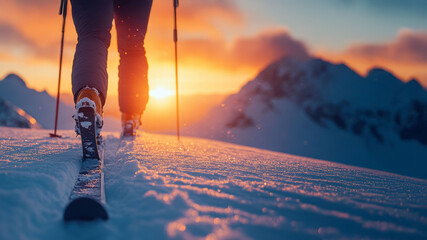 Cross country skiing banner, winter sport on snowy track, with sunset in mountains background.