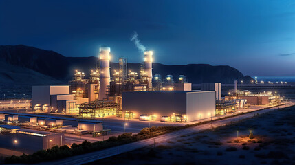 Fototapeta premium Nighttime View of Industrial Power Plant with Bright Lights and Smoke