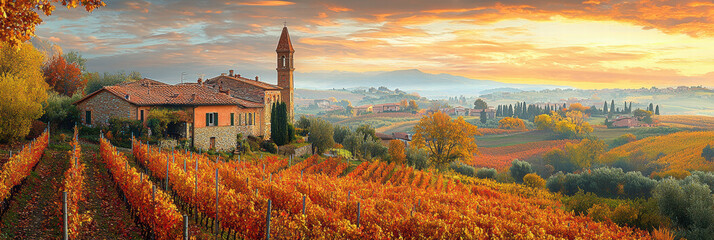 Obraz premium A picturesque Tuscan villa nestles amid vibrant vineyards under a warm, glowing sunset, evoking the serene beauty of the countryside.