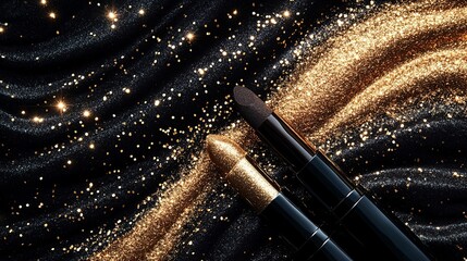 Elegant Gold and Black Lipsticks on Glitter Fabric