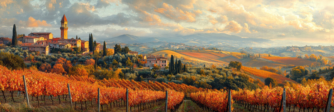 The rolling Tuscan hills are bathed in the warm glow of a setting sun, with vibrant vineyards stretching toward a distant village.